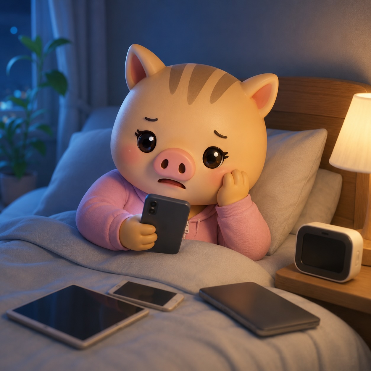 夜遅くまでスマートフォンを見続けているいのねえ。ベッドの中で眠そうな表情を浮かべながらスマホを操作しており、周囲にはタブレットや端末が置かれている。スマホによる睡眠不足や脳疲労をイメージした3Dイラスト。