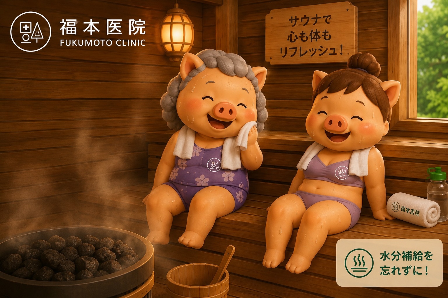 福本医院公式キャラクター「いのばあ」と「いのねえ」が木造サウナで気持ちよく汗を流している3Dイラスト。サウナ後の水分補給の大切さを紹介し、安全なサウナ利用を呼びかけています。