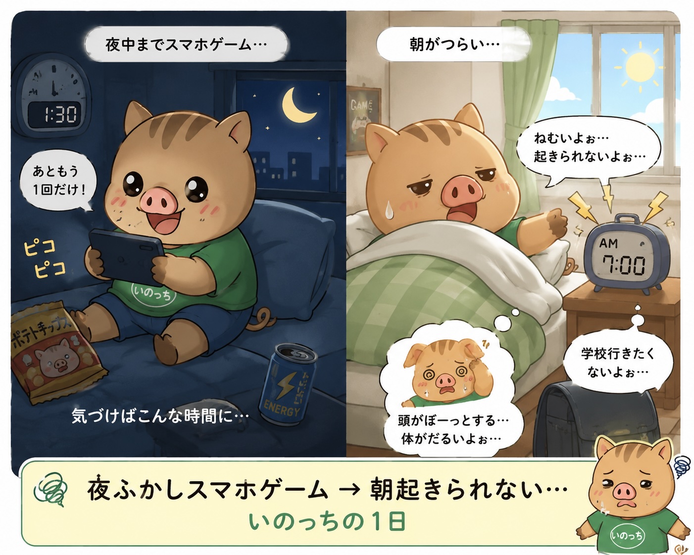 夜遅くまでスマートフォンゲームをしている福本医院キャラクター「いのっち」と、翌朝ベッドから起きられず眠そうにしている様子を描いたイラスト。夜更かしによる睡眠不足や日中の眠気、生活リズムの乱れを表現している。