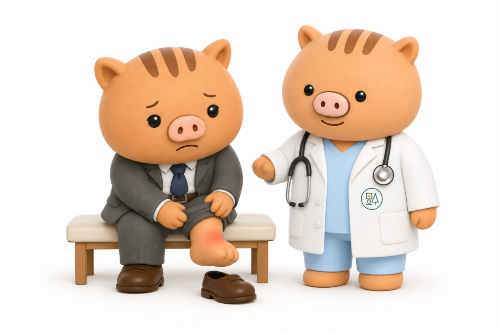 足の甲から足首にかけて赤く腫れた足を気にしてベンチに座るいのぱぱと、様子を確かめるふくぼ先生のイラスト