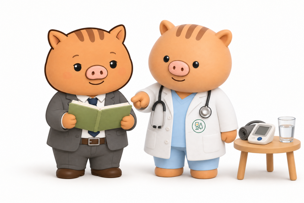 手帳を持ついのぱぱに、ふくぼ先生が家庭用血圧計を示しているイラスト。尿酸値・血圧・腎機能をあわせて確認するイメージ