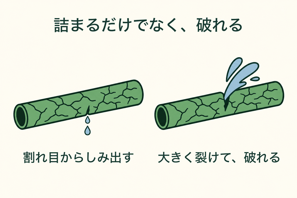傷んだ血管が破れる二つの段階をゴムホースにたとえた図。左は割れ目から少しずつしみ出す状態、右は大きく裂けて勢いよく噴き出す状態
