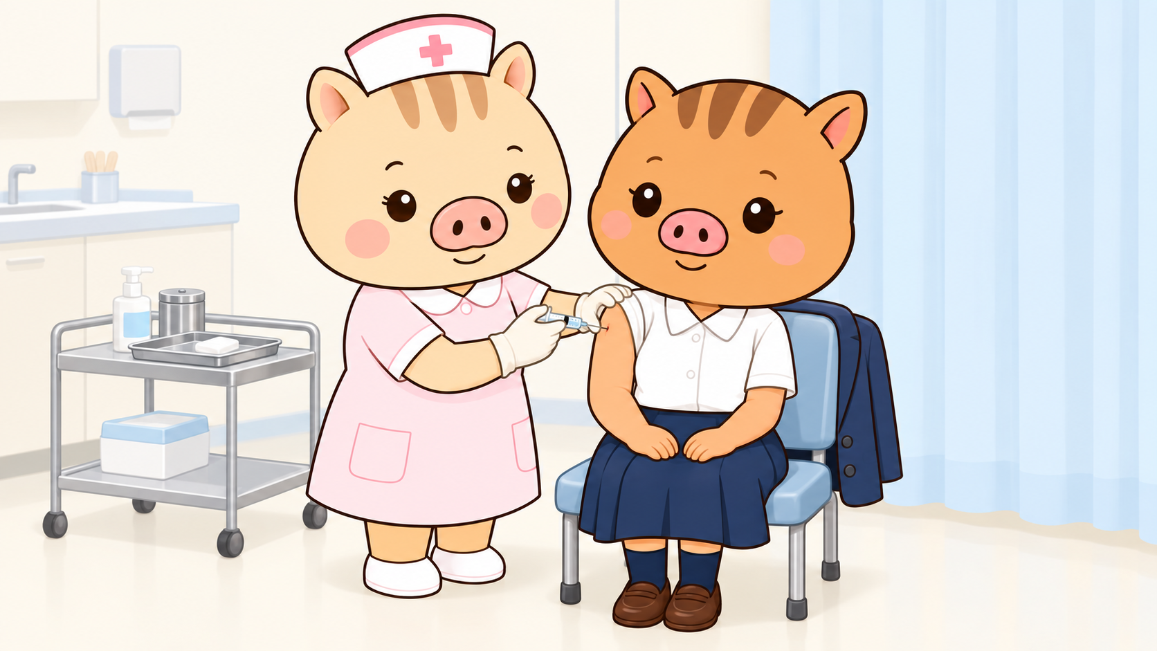 HPVワクチン接種|リリー看護師といのすず|福本医院 処置室でリリー看護師からHPVワクチンの接種を受ける高校1年生のいのすず