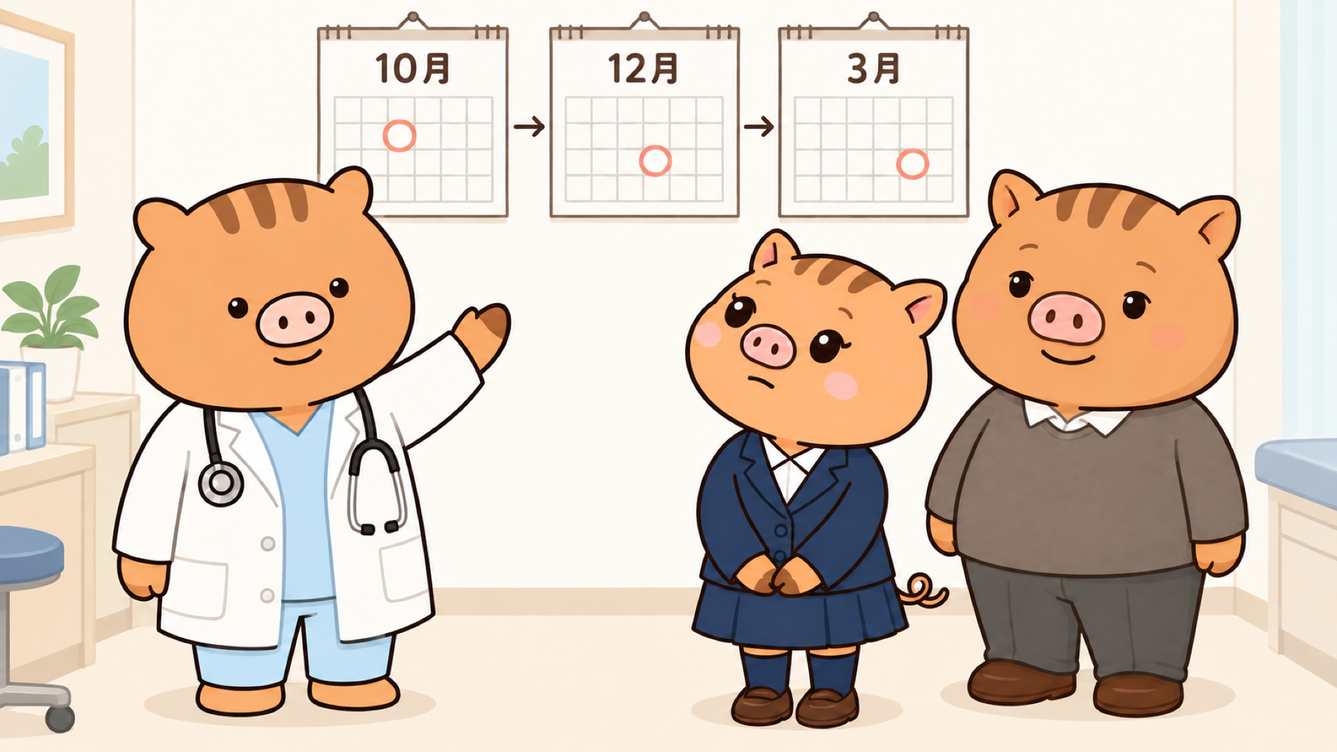 HPVワクチンの接種日程|ふくぼ先生・いのすず・いのぱぱ|福本医院 ふくぼ先生が10月・12月・3月のカレンダーを示し、いのすずといのぱぱにHPVワクチンの接種日程を説明するイラスト