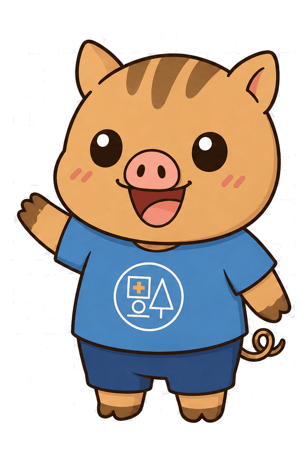 福本医院のロゴが入った青いTシャツを着て手を挙げる、公式キャラクター「いのっち」の公式イラスト