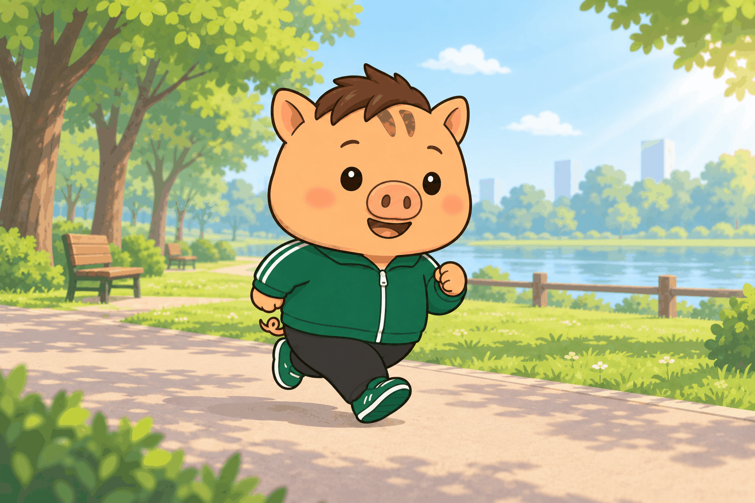 朝の公園で楽しそうにランニングする、福本医院公式キャラクターのいのにい