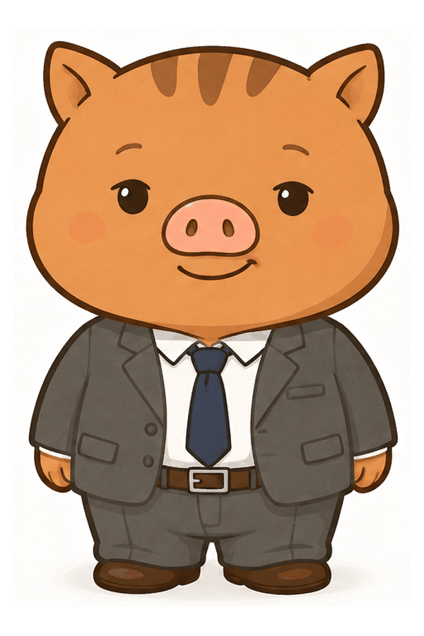 グレーのスーツとネクタイ姿で立つ、福本医院公式キャラクター「いのぱぱ」の公式イラスト