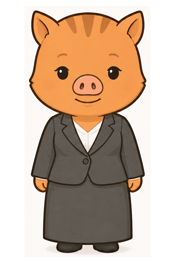 グレーのスーツ姿で立つ、福本医院公式キャラクター「いのれえ」の公式イラスト