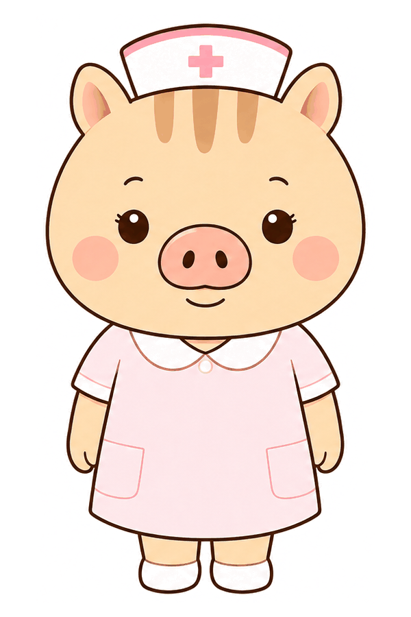 淡いピンクの看護服とナースキャップ姿で立つ、福本医院公式キャラクター「リリー看護師」の公式イラスト
