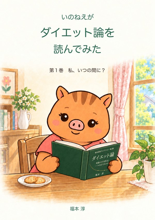 漫画『いのねえがダイエット論を読んでみた』第1巻「私、いつの間に?」の表紙。いのねえが食卓で『ダイエット論』を読んでいるイラスト