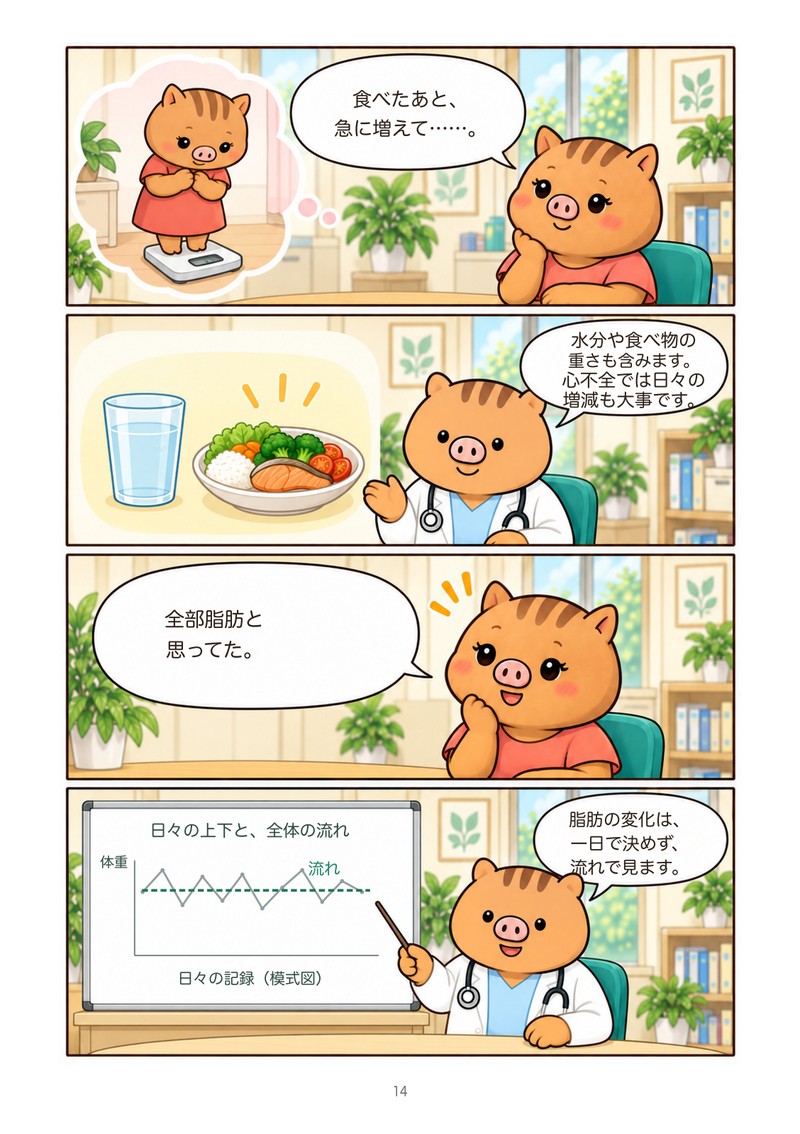 漫画の本文の一例。体重計に乗ったいのねえが、食べたあとに体重が増えたと相談し、ふくぼ先生が水分や食べ物の重さも含まれること、脂肪の変化は一日で決めず流れで見ることを説明している場面